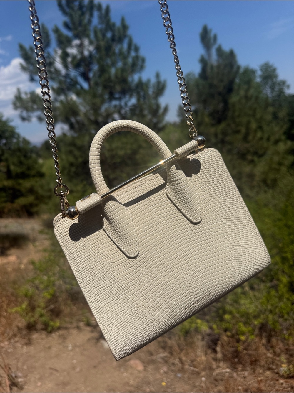 Strathberry Cream Lizard-Texture Top Handle Satchel with Gold Hardware